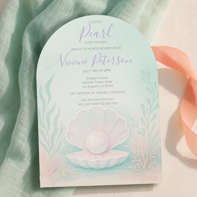 Convite Chá de Bebê Pastel Mint e Coral Little Pearl (Pastel Mint and Coral Little Pearl Baby Shower Invitation
)