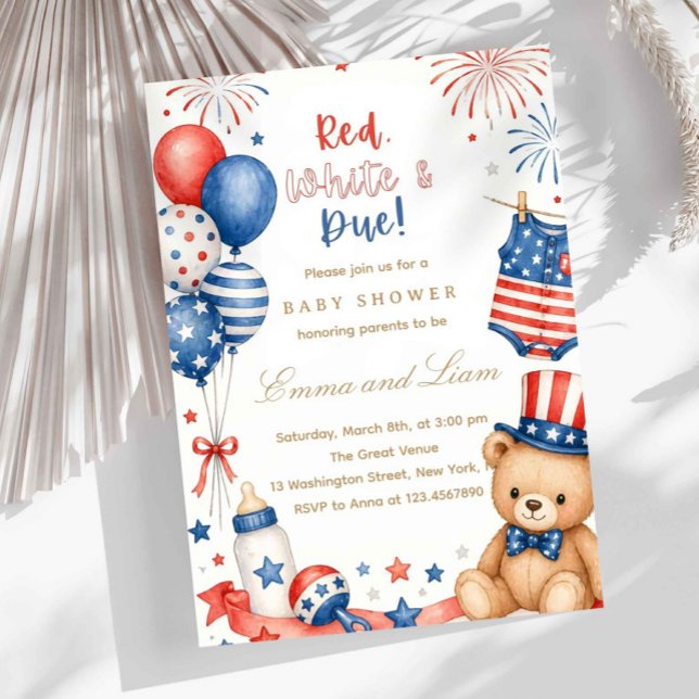 Convite Chá de Bebê Patriótico Vermelho Branco e Azul (patriotic baby shower invitation, red white blue baby shower, 4th of july baby shower, americana bab)