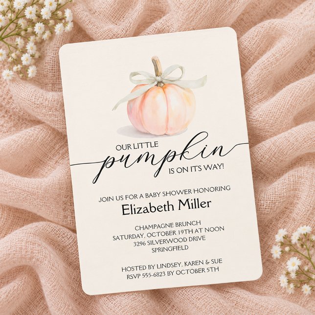 Convite Chá de Bebê Pequena Abóbora Arco de Marfim (Ivory ribbon and bow pumpkin baby shower invitations, PRINTED and/or INSTANT DOWNLOAD)