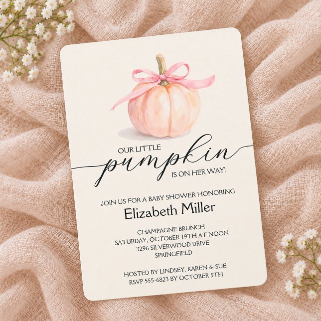 Convite Chá de Bebê Pequena Abóbora com Laço Rosa (Pink ribbon and bow little pumpkin girl baby shower invitations, PRINTED and/or INSTANT DOWNLOAD)