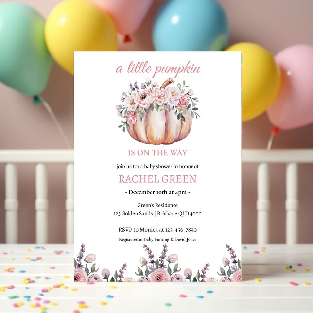 Convite Chá de Bebê Pequena Abóbora Flora Outono (A Little Pumpkin Is On The Way Baby Shower Floral Fall Invitation)