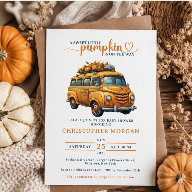 Convite Chá de Bebê Pequena Abóbora Laranja Rústica Caminh (Rustic Orange Truck Little Pumpkin Baby Shower Invitation)