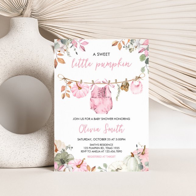 Convite Chá de Bebê Pequena Abóbora Rosa Outono  (Pink Little Pumpkin Fall Clothesline Baby Shower Invitation)