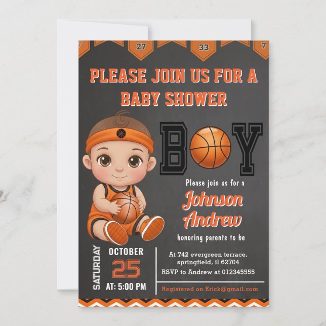 Convite Chá de Bebê Personalizado de Basquete (Frente)