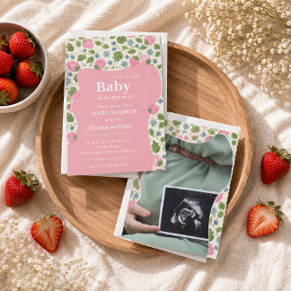 Convite Chá de Bebê Personalizado Foto Rosa Doce Morango
