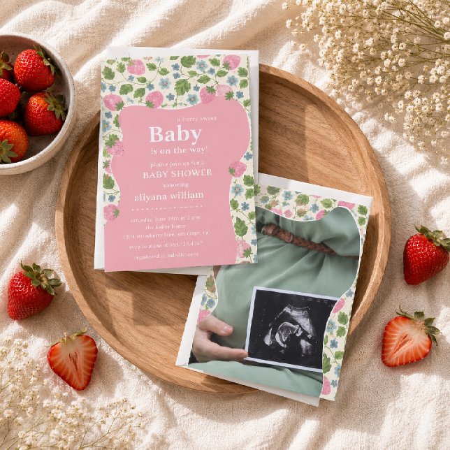 Convite Chá de Bebê Personalizado Foto Rosa Doce Morango (Criador carregado)