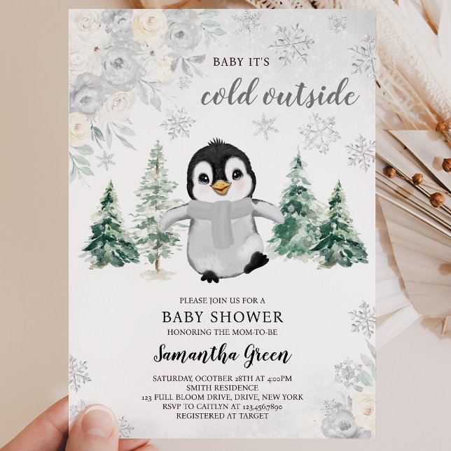 Convite Chá de Bebê Pinguim Prata Neutro em Gênero (Criador carregado)