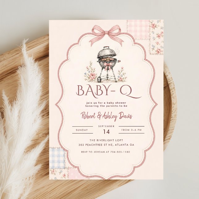 Convite Chá de Bebê Pink Bow Gingham Barbecue Baby Q (Criador carregado)