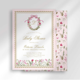 Convite Chá de Bebê Pink Bow Monogram Baby in Bloom