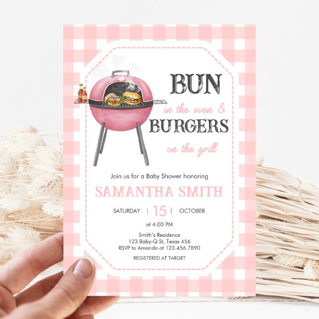Convite Chá de Bebê Pink Burger BBQ (Bun and Burgers Baby Shower Invitation)