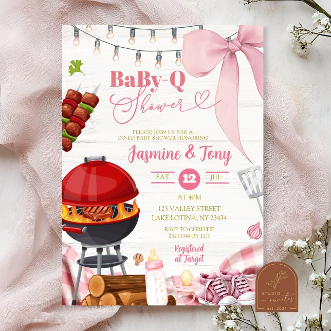 Convite Chá de Bebê Pink Coquette Backyard BabyQ (Criador carregado)