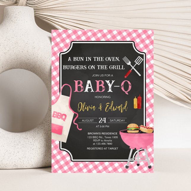 Convite Chá de Bebê Pink Gingham BBQ  (Girl Baby-Q Baby Shower Invitation)