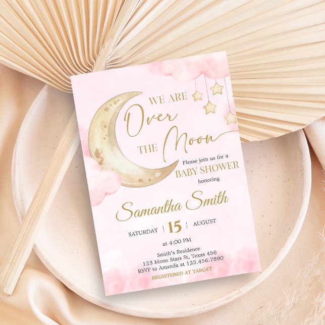 Convite Chá de Bebê Pink Over the Moon  (Over the Moon Baby Shower Invitation)
