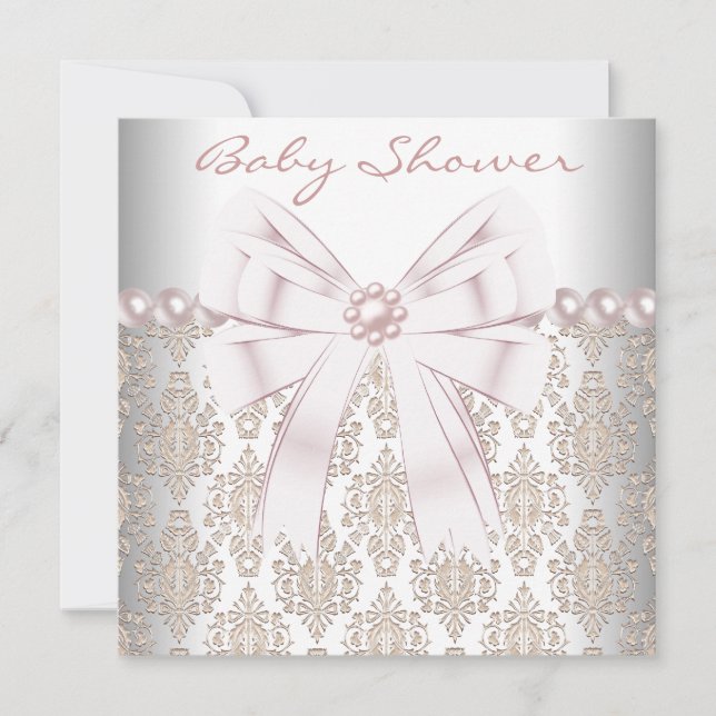 Convite Chá de Bebê Pink Pearl Damask (Frente)