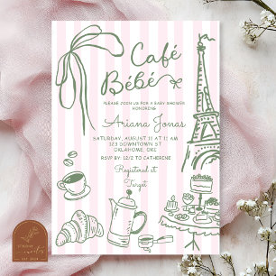 Convite Chá de Bebê Pink Stripe Paris Cafe Bebe
