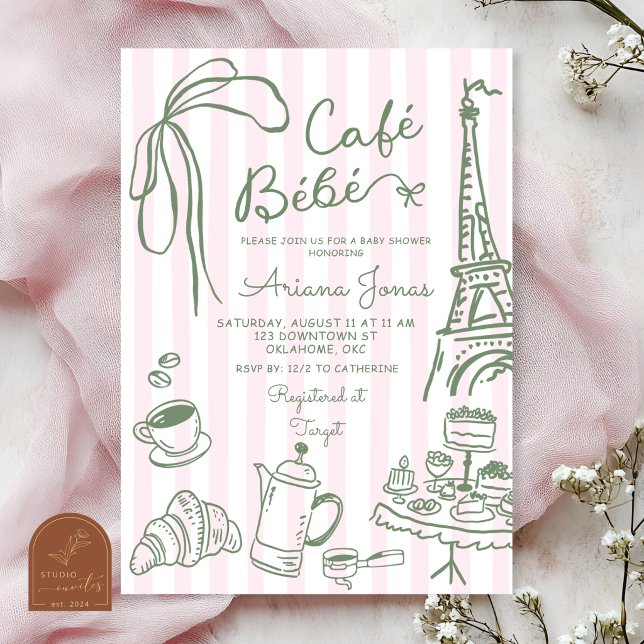 Convite Chá de Bebê Pink Stripe Paris Cafe Bebe (Criador carregado)