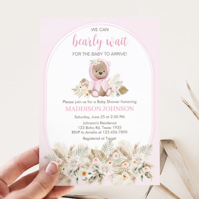 Convite Chá de Bebê Pink We Can Bearly Wait  (Girl We Can Bearly Wait Baby Shower Invitation)
