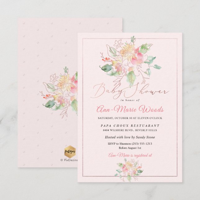 Convite Chá de Bebê PixDezines Aguarela em Rosa Doce Ervil (Frente/Verso)