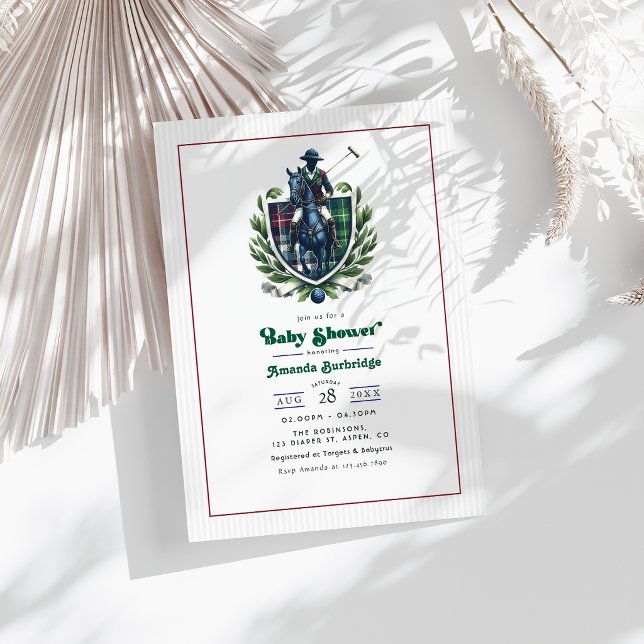 Convite Chá de Bebê Polo Preppy Crista de Xadrez Equestre (Preppy Polo Baby Shower Equestrian Tartan Crest Invitation)