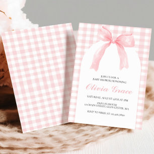 Convite Chá de bebê preppy com laço rosa e xadrez