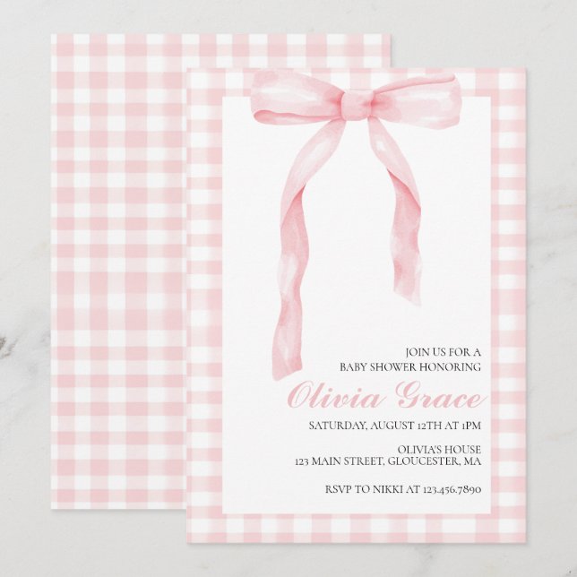 Convite Chá de bebê preppy com laço rosa e xadrez (Frente/Verso)