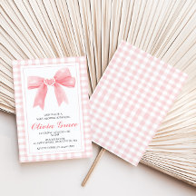Chá de bebê préppy com laço rosa e xadrezinho