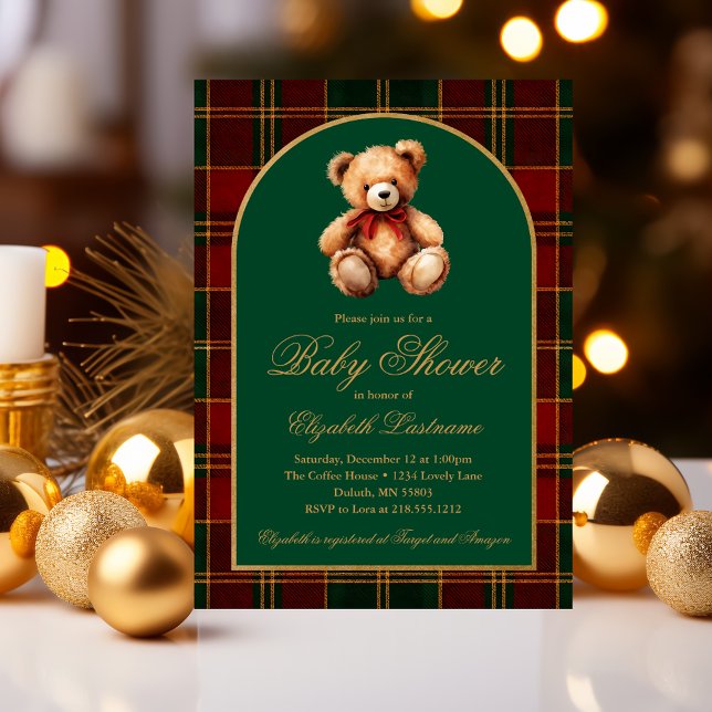 Convite Chá de Bebê Préppy com Ursinho Teddy Clássico em X (Classic Teddy Bear Tartan Plaid Preppy Baby Shower Invitation #elegantbabyshower #holidaybabyshower)