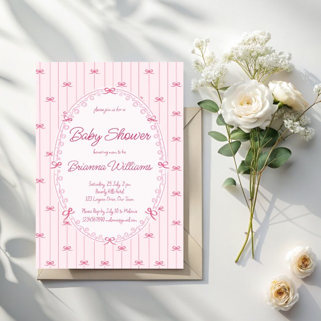 Convite Chá de bebê préppy cor-de-rosa desenhado à mão (Pink preppy hand drawn vintage retro frame girls baby shower invitation cards template)