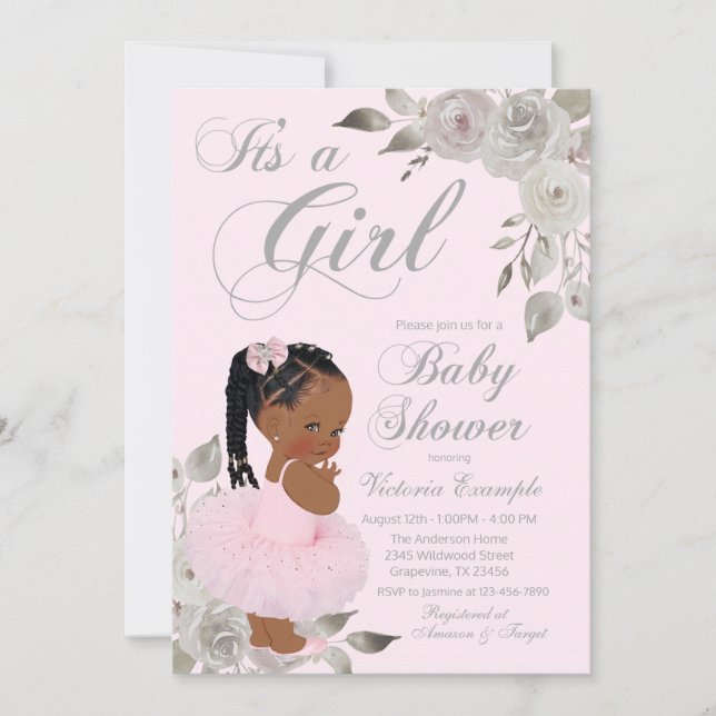 Convite Chá de Bebê Princesa Africana Prata Rosa (Frente)
