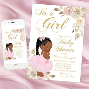 Convite Chá de Bebê Princesa Africana Tutu Dourado Rosa