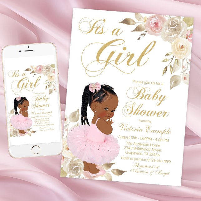 Convite Chá de Bebê Princesa Africana Tutu Dourado Rosa (Pink Gold African Princess Baby Shower Invitation. Instant download - printed invitations available.)