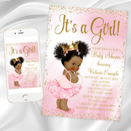 Convite Chá de Bebê Princesa Afro-Americana em Dourado e R