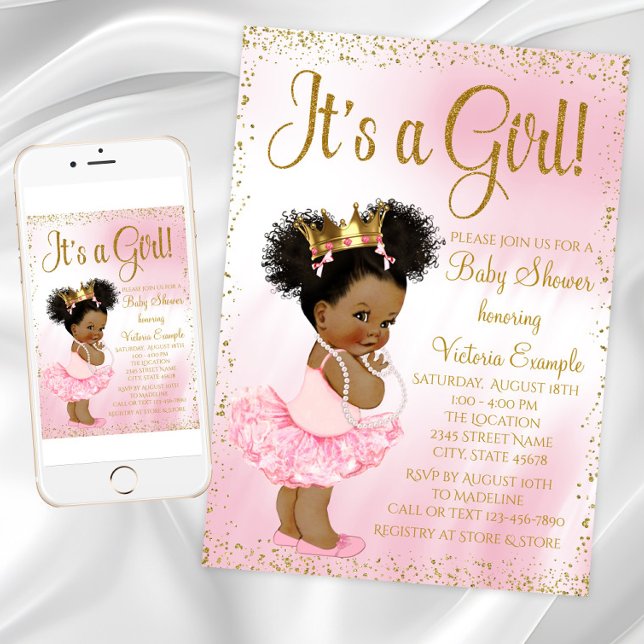 Convite Chá de Bebê Princesa Afro-Americana em Dourado e R (Pink Gold African American Princess Baby Shower Invitation with cute baby girl with afro hair.)
