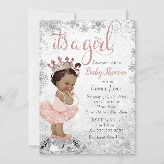 Convite Chá de Bebê Princesa Afro-Americana Rosa Prata (Frente)