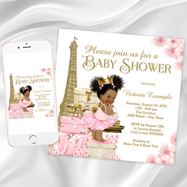 Convite Chá de Bebê Princesa Afro Paris Dourado Rosa (Girl Paris baby shower invitation. Instant download and printed invitations available.)