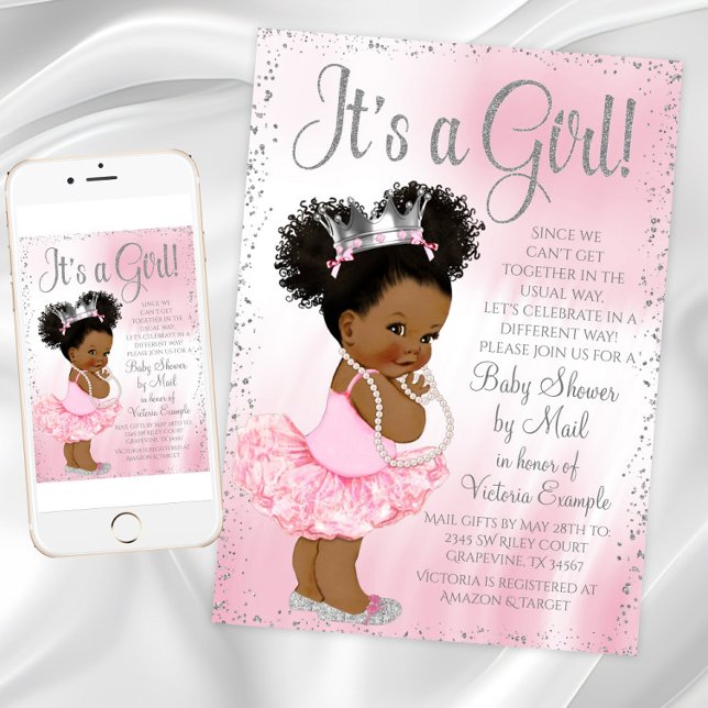 Convite Chá de Bebê Princesa Afro Puff pelo Correio (African American Princess Shower By Mail Invitation. Instant download - printed invitation available)
