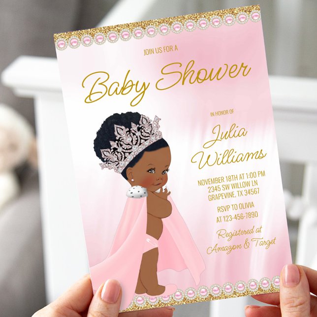 Convite Chá de Bebê Princesa Afro Rosa Dourado  (Criador carregado)