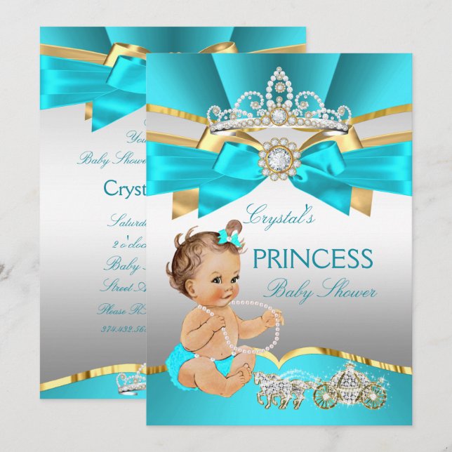 Convite Chá de Bebê Princesa Azul Teal Dourado Morena (Frente/Verso)