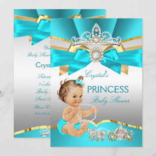 Convite Chá de Bebê Princesa Azul Teal Dourado Morena
