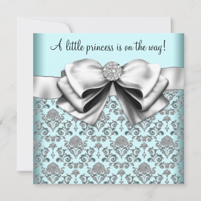 Convite Chá de Bebê Princesa Azul Teal Preto Damask (Frente)