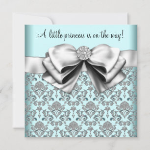 Convite Chá de Bebê Princesa Azul Teal Preto Damask