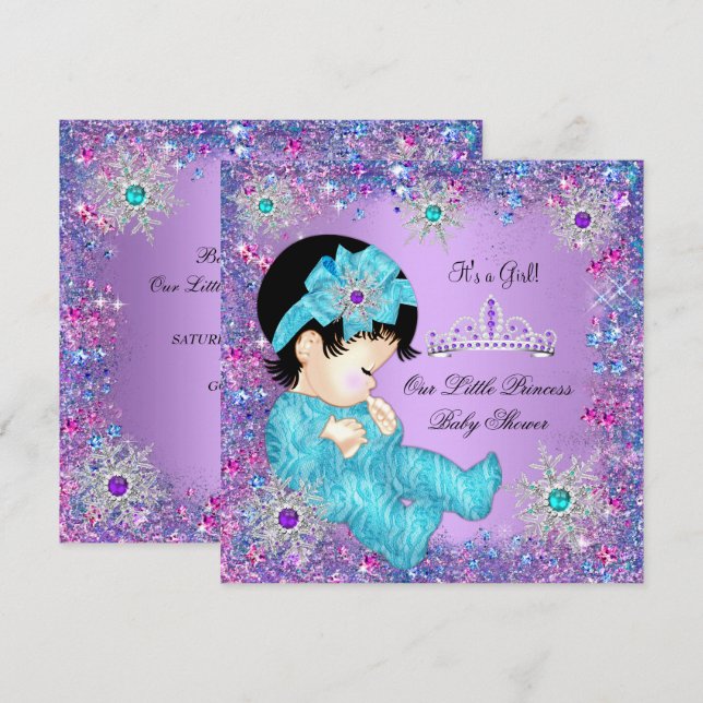 Convite Chá de Bebê Princesa Azul Teal Roxo Rosa Brunett (Frente/Verso)