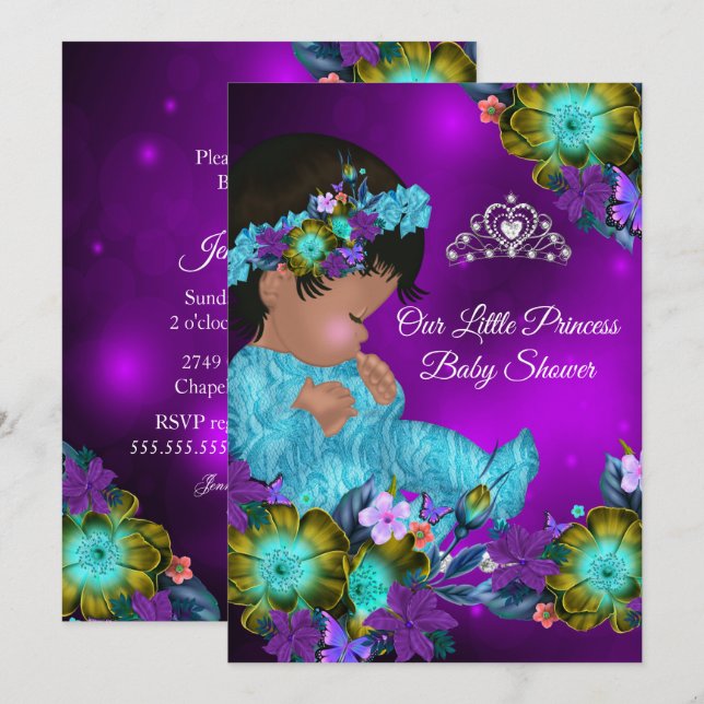 Convite Chá de Bebê Princesa Azul Turquesa Roxo Menina Étn (Frente/Verso)