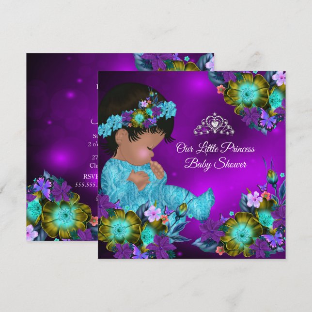 Convite Chá de Bebê Princesa Azul Turquesa Roxo Menina Étn (Frente/Verso)