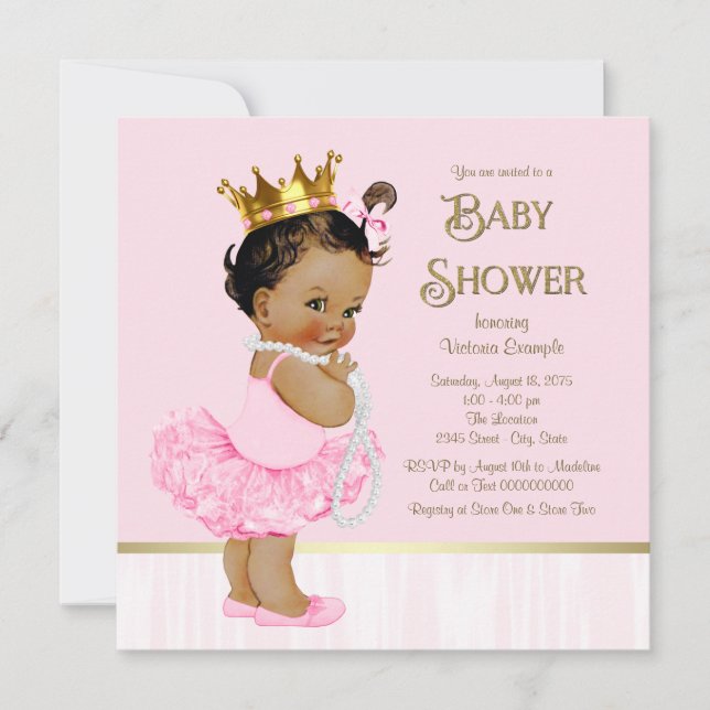 Convite Chá de Bebê Princesa Bailarina Étnica Rosa Dourado (Frente)