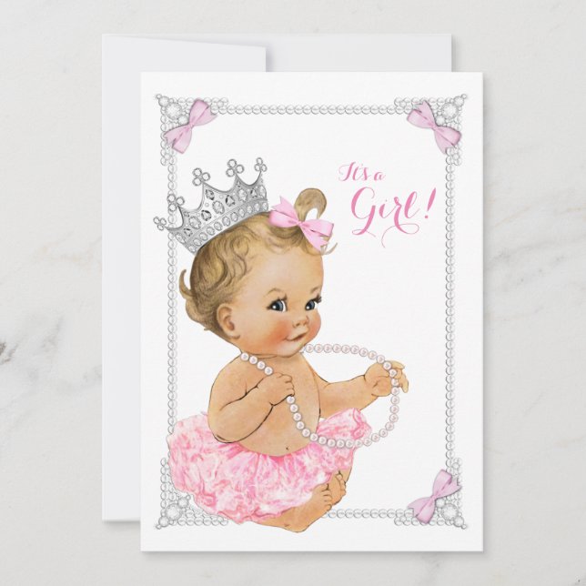 Convite Chá de Bebê Princesa Bailarina Tutu Rosa Laço Péro (Frente)