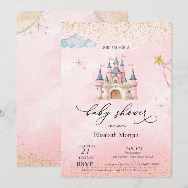 Convite Chá de Bebê Princesa Castelo Poeira Dourada Rosa (Frente/Verso)