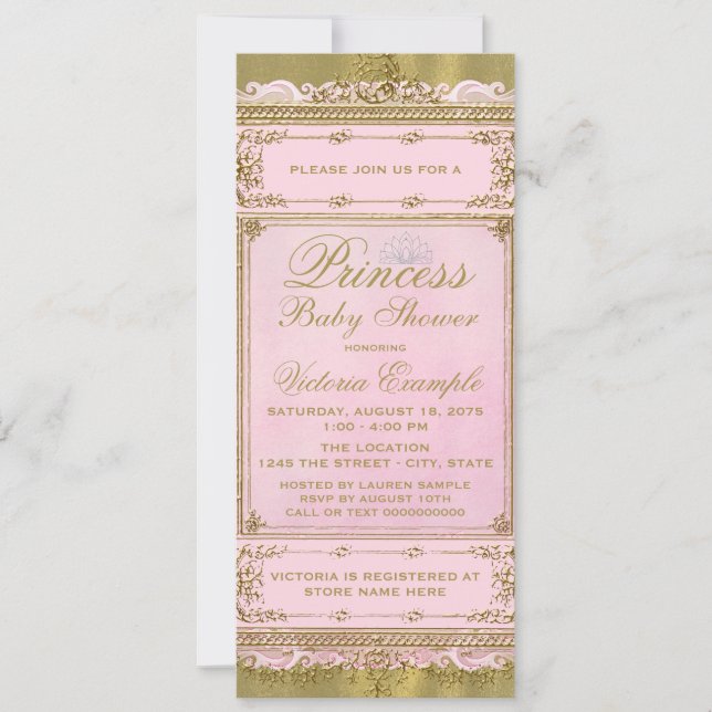 Convite Chá de Bebê Princesa com Lamina Dourada e Rosa (Frente)