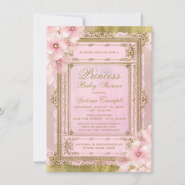Convite Chá de Bebê Princesa com Lamina Dourada e Rosa (Frente)