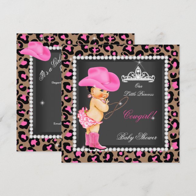 Convite Chá de Bebê Princesa Cowgirl Rosa Marrom Morena (Frente/Verso)